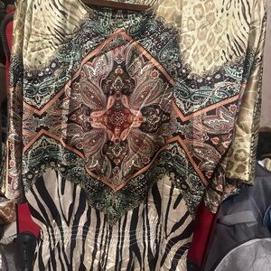 Chico's Multicolor Paisley & Animal Print Blouse in Olive, Black & Teal